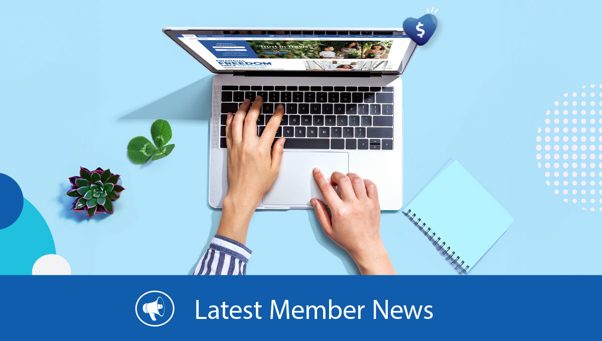 Hands typing on a Macbook laptop computer. Latest member news, blue banner